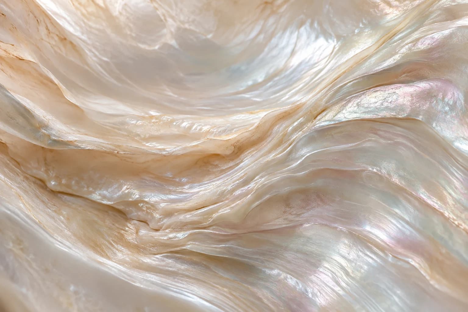 Illustrative macro landscape of ivory nacre with delicate rose and silver reflections