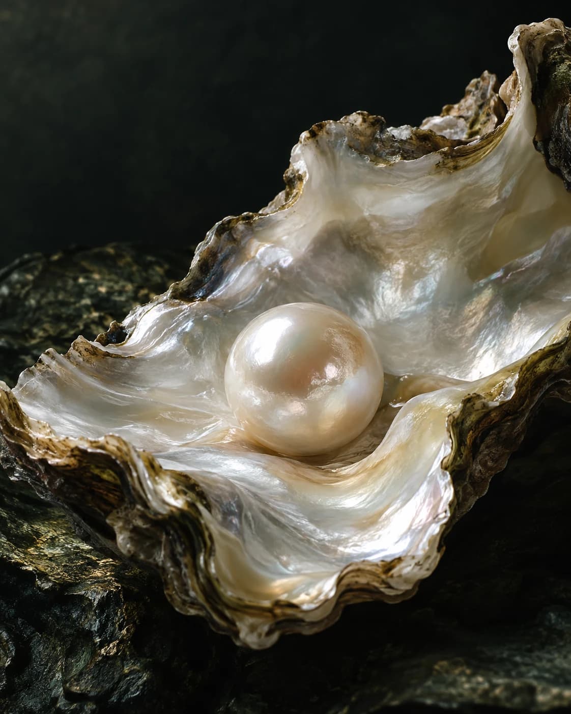 Editorial artwork of a luminous pearl nestled in the sculptural folds of an oyster shell